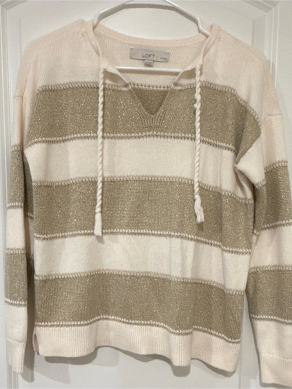 LOFT Cream and Gold-Striped V-Neck Hoodie Sweater